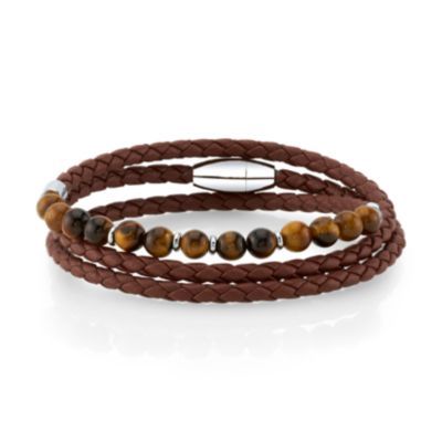 Brown Leather and Tiger Eye Bead Triple Wrap Bracelet with Stainless Steel Clasp, 26"