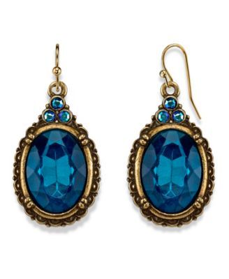Burnished Brass-Tone Indicolite Blue Color and Ab Accent Oval Drop Wire Earrings