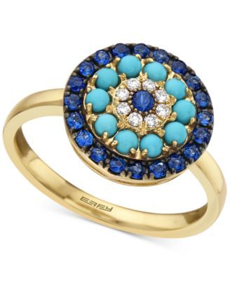 EFFY® Sapphire (1/2 ct. t.w.), Turqouise & Diamond (1/20 ct. t.w.) Statement Ring in 14k Gold