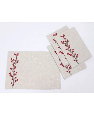 Holly Berry Branch Crewel Embroidered Christmas Placemats