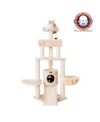 Spacious Faux Fur Real Wood Cat Tower With Basket Lounge, Ramp