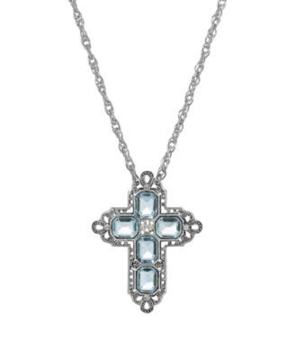 Women's Pewter Rectangle Light Blue Crystal Cross Chain Necklace
