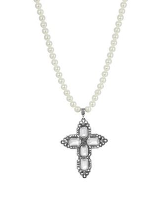 Women's Pewter Rectangle Clear Crystal Cross Imitation Pearl Necklace