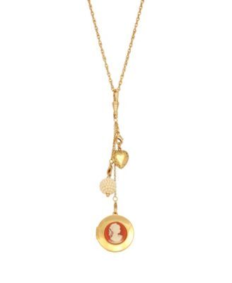 Women's Gold Tone Carnelian Cameo Round Locket with Charms Necklace