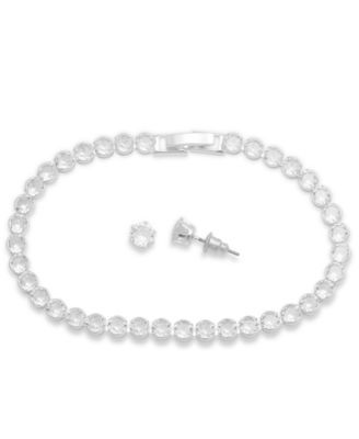 Silver Plated Cubic Zirconia Tennis Bracelet and Stud Earring Set