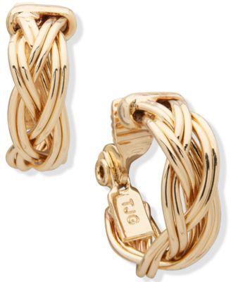 Gold-Tone Small Braided Clip-On Hoop Earrings, 0.75" 