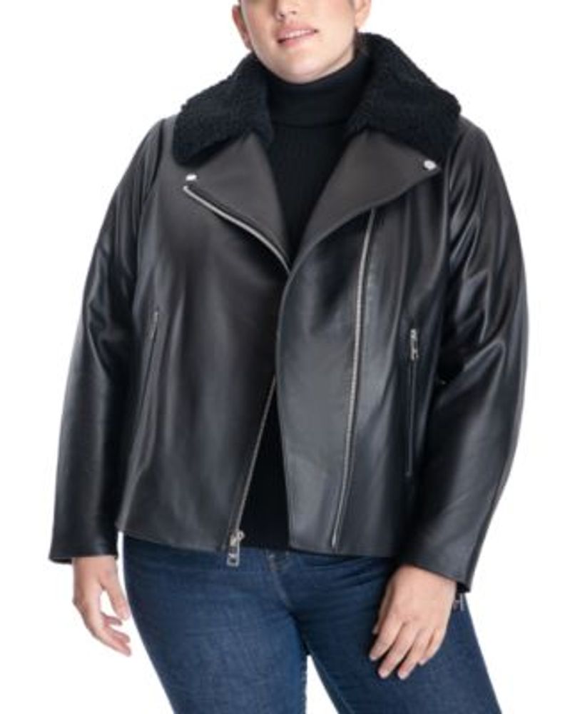 Plus Size Faux-Fur Collar Moto Leather Jacket