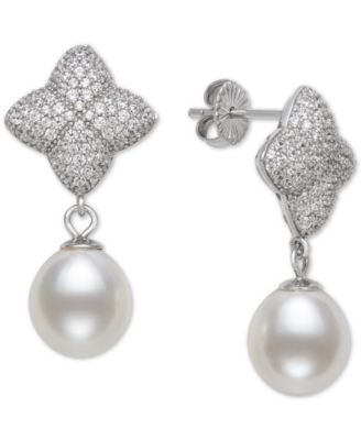 Cultured Freshwater Pearl (8-9mm) & Cubic Zirconia Drop Earrings in Sterling Silver