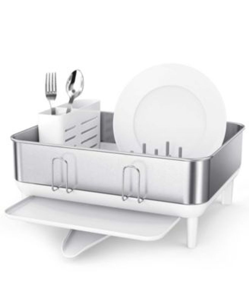  Simplehuman Kitchen Dish Drying Rack with Swivel Spout,  Fingerprint-Proof Stainless Steel Frame, Grey Plastic