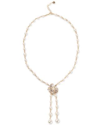 Gold-Tone Crystal & Imitation Pearl Bow Long Lariat Necklace, 26" + 2" extender, Created for Macy's