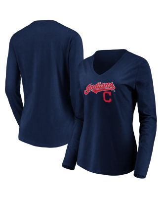 Women's New Era Navy Cleveland Indians Striped Sleeve V-Notch T-Shirt