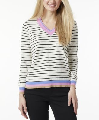 Women's Relaxed V-neck Sweater with Stripes