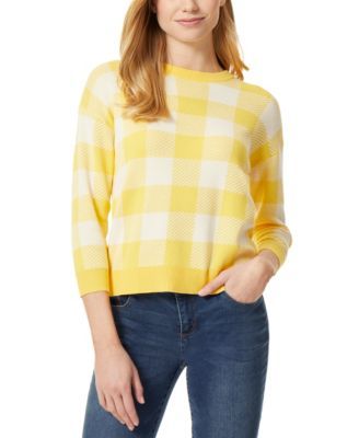 Women's Gingham Jacquard Sweater with Three Quarter Sleeves