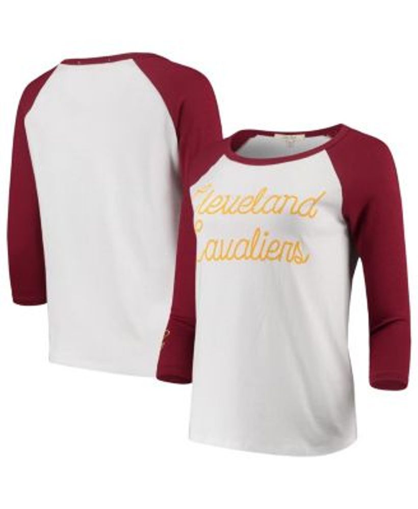 Women's White Cleveland Cavaliers Stitch Script Three-Quarter Sleeve Raglan T-shirt
