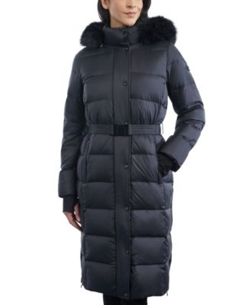 Women's Belted Faux-Fur-Trim Hooded Maxi Puffer Coat