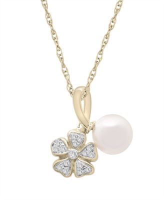 Cultured Freshwater Pearl with Diamond Flower Pendant Necklace in 14K Yellow Gold