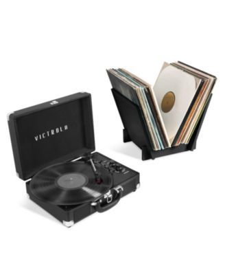 Journey and Bluetooth Suitcase Record Player with Matching Record Stand, Set of 2