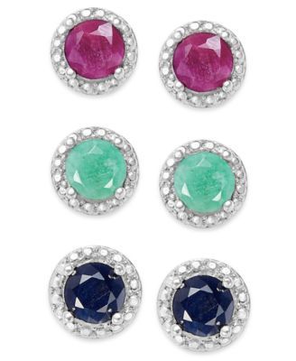 Emerald (1/2 ct. t.w.), Ruby (5/8 ct. t.w.) and Sapphire (5/8 ct. t.w.) Earring Set in Sterling Silver