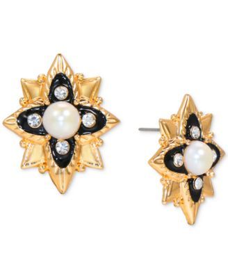 Gold-Tone Pavé & Imitation Pearl Starburst Drop Earrings, Created for Macy's