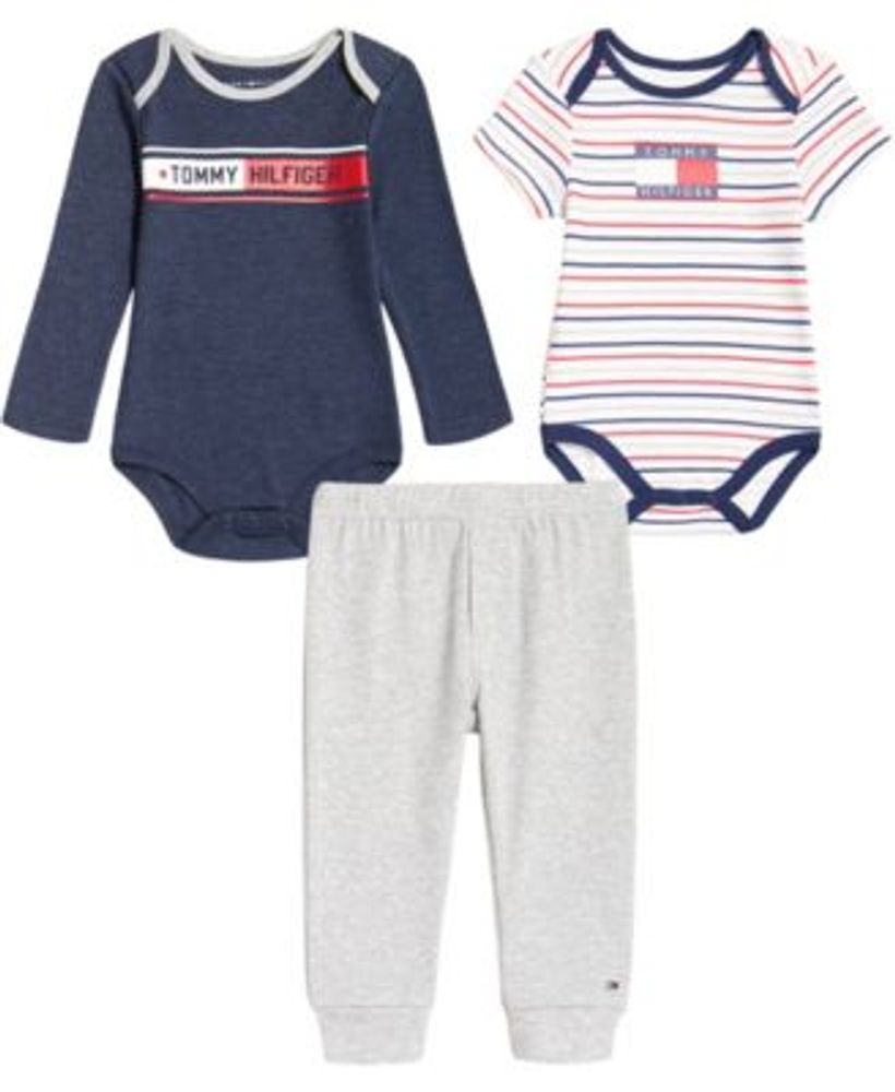 Tommy Hilfiger Baby Boys Signature Stripe Bodysuits and Heather Joggers, 3 Piece Set | Post Mall
