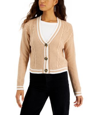 Juniors' Long Sleeve Cable-Knit Button-Front Sweater