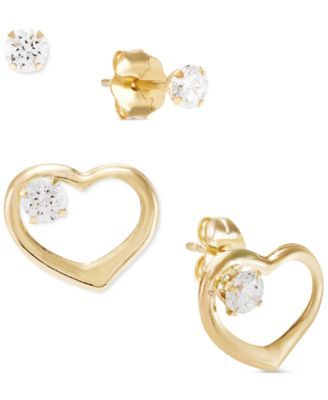 2-Pc. Set Cubic Zirconia Solitaire & Open Heart Stud Earrings in 10k Gold