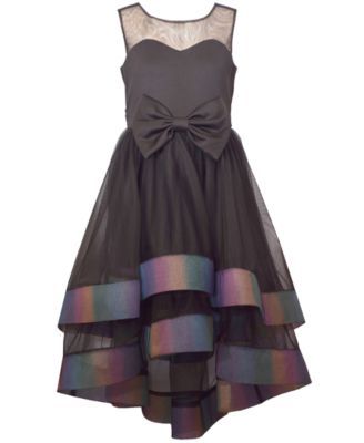 Big Girls Sleeveless Scuba Dress with Illusion Neckline and Double Skirt Trimmed Rainbow Horsehair