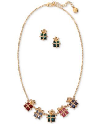 Gold-Tone Multicolor Stone Wrapped Gift Statement Necklace & Stud Earrings Set, Created for Macy's