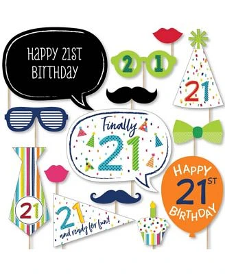 21st Birthday - Cheerful Happy Birthday - Birthday Photo Booth Props Kit - 20 Ct