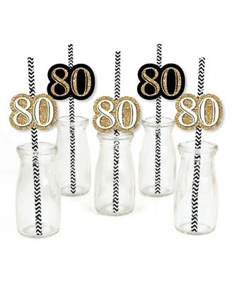 Adult 80th Birthday - Gold - Paper Straw Decor - Striped Decor Straws - 24 Ct