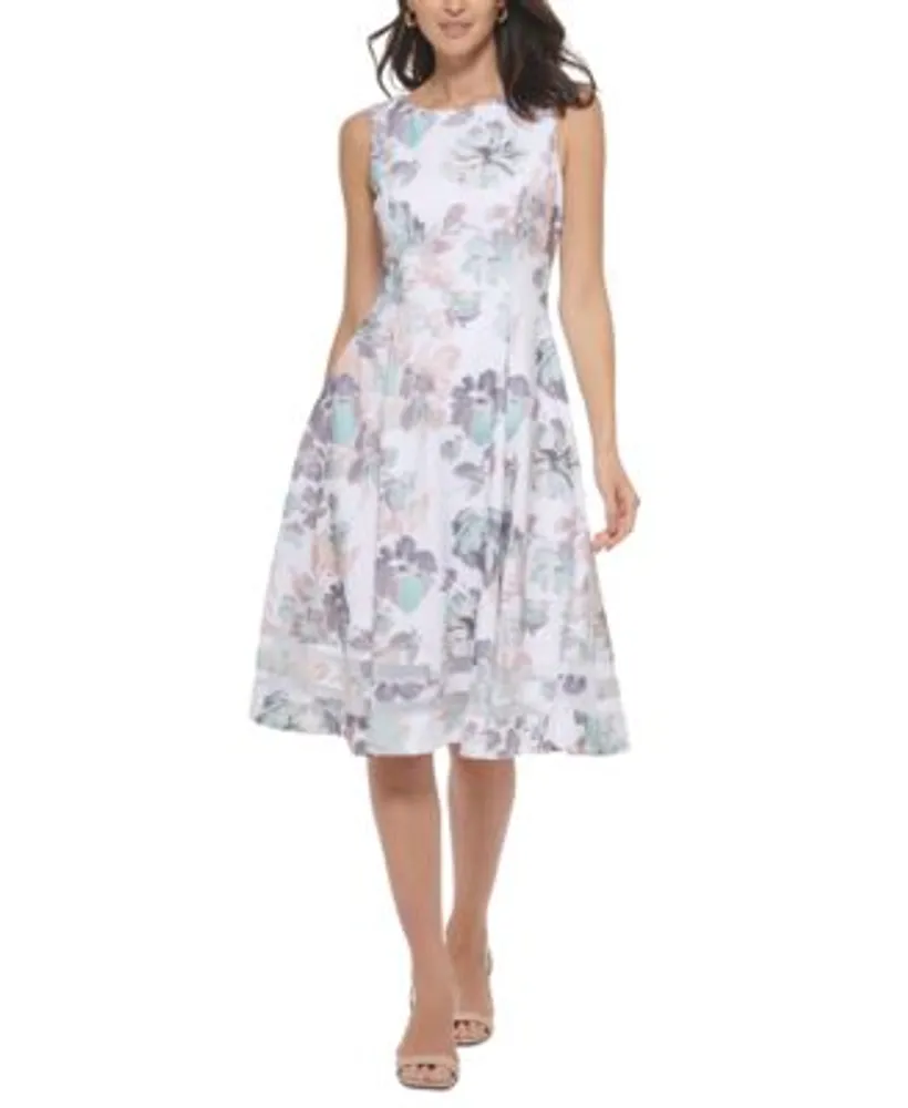 Calvin Klein Women's Floral-Print Short-Sleeve Ruffle-Hem Dress - Macy's