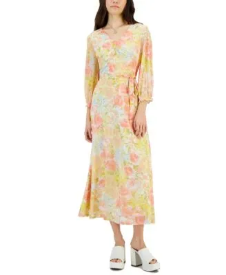 Petite Ruched V-Neck Printed A-Line Maxi Dress