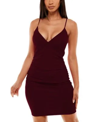 Juniors' V-Neck Ruched Bodycon Dress