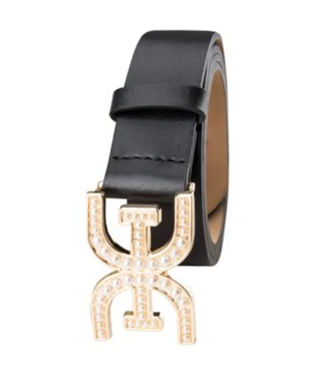 Sam Edelman Imitation Pearl Logo Plaque Belt in Black