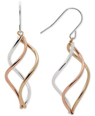 Tri-Tone Swirl Drop Earrings in Sterling Silver, 14k Gold-Plate, and 14k Rose Gold-Plate