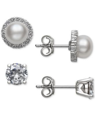 2-Pc. Set Cultured Freshwater Pearl (6mm) & Cubic Zirconia Stud Earrings in Sterling Silver, Created for Macy's