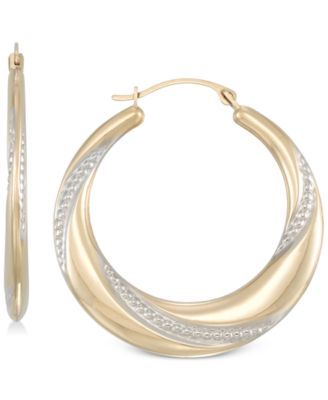 Two-Tone Polished & Textured Hoop Earrings in 10k Gold & White Gold