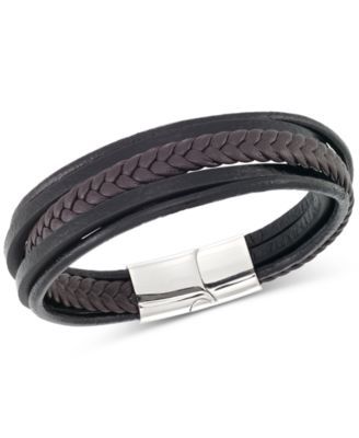 Men's Black & Brown Multi-Row Leather Bracelet in Stainless Steel