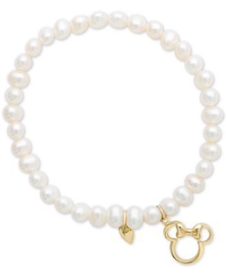 Children's Cultured Freshwater Pearl (4mm) Minnie Mouse Charm Stretch Bracelet in 14k Gold