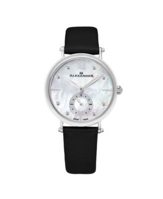 Alexander Watch A201-01, Ladies Quartz Small-Second Watch with Stainless Steel Case on Black Satin Strap
