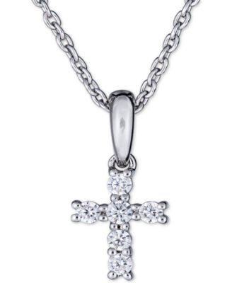Diamond Cross Pendant Necklace (1/8 ct. t.w.) in 14k White Gold, 16" + 2" extender