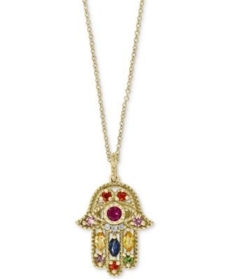 EFFY® Multi-Gemstone (5/8 ct. t.w.) & Diamond Accent Hamsa Hand 18" Pendant Necklace in 14k Gold