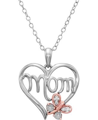 Diamond Butterfly Mom 18" Pendant Necklace (1/20 ct. t.w.) in Sterling Silver & 14k Rose Gold Over Sterling Silver
