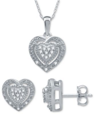 2-Pc. Set Diamond (1/6 ct. t.w.) Heart Cluster Pendant Necklace & Matching Stud Earrings in Sterling Silver