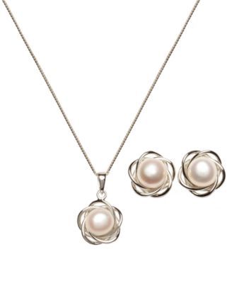 2-Pc. Set Cultured Freshwater Pearl (7mm) Flower Pendant Necklace & Matching Stud Earrings 18k Gold-Plated Sterling Silver or