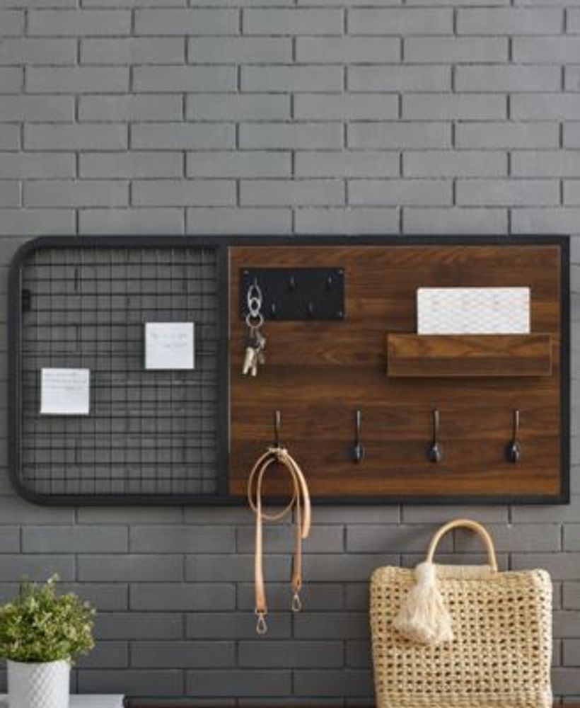 Metal and Wood Wall Organizer with Hooks