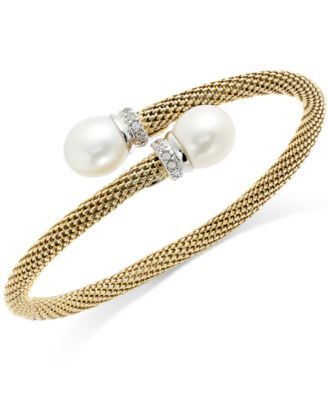 Cultured Freshwater Pearl and Cubic Zirconia Mesh Cuff Bracelet in 14k Gold over Sterling Silver (10mm)