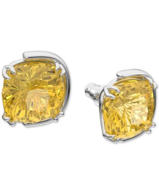 Silver-Tone Yellow Cushion-Cut Crystal Stud Earrings
