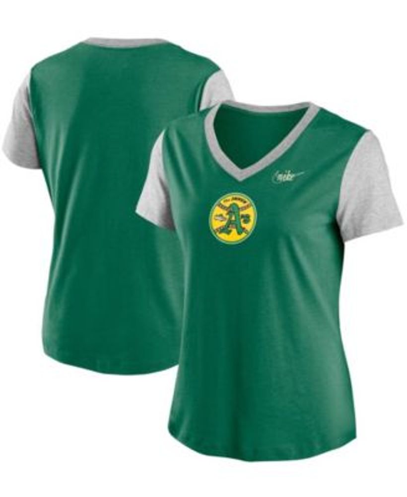 Nike Women's Green, Gray Oakland Athletics Cooperstown Collection Logo  Tri-Blend Mid V-Neck T-shirt