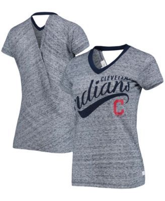 Women's Navy Cleveland Indians Hail Mary V-Neck Back Wrap T-shirt